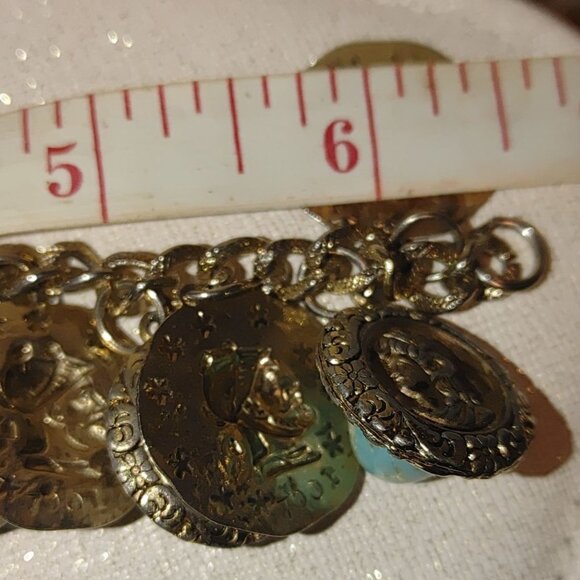 Coin Charm Bracelet Vintage Lapis Lazuli Turquoise Glass Stone Egyptian Etruscan - Picture 2 of 12